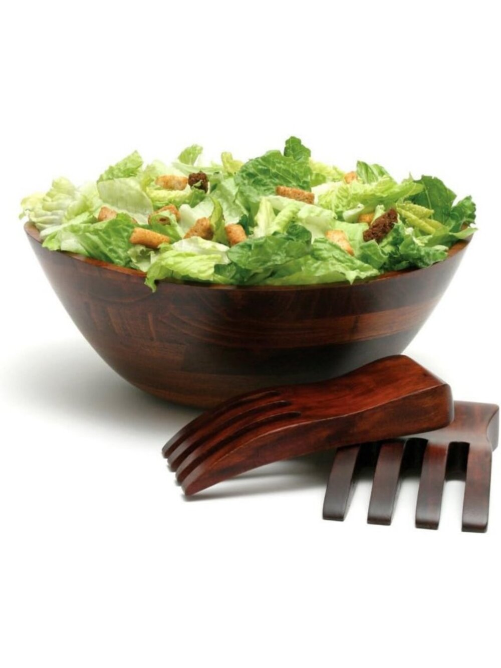 Large Cherry Finished Wavy Rim Serving Bowl Set with 2 Salad Hands, 3-Piece